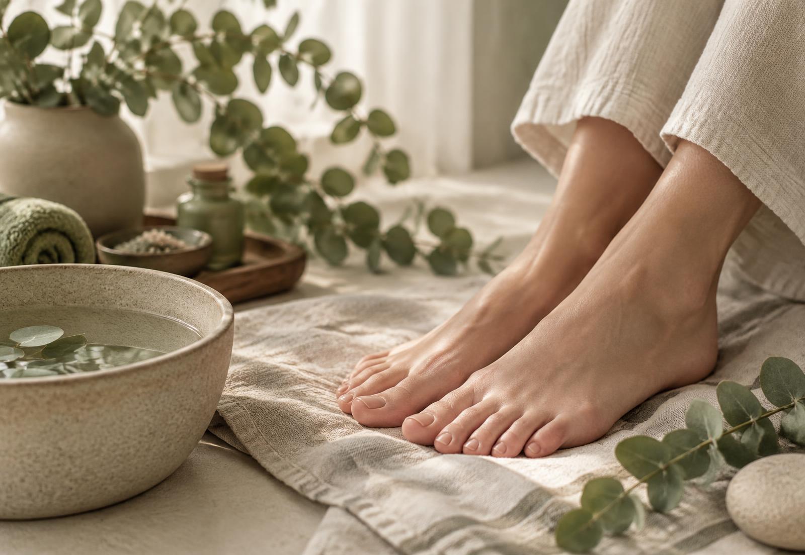Verzorgde voeten op een linnen doek met eucalyptus